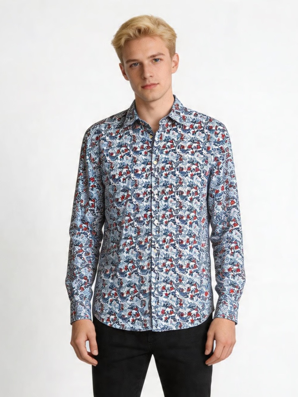 ZARA | Floral Slim Fit Button-Up Shirt in White, Blue & Red Sz M
